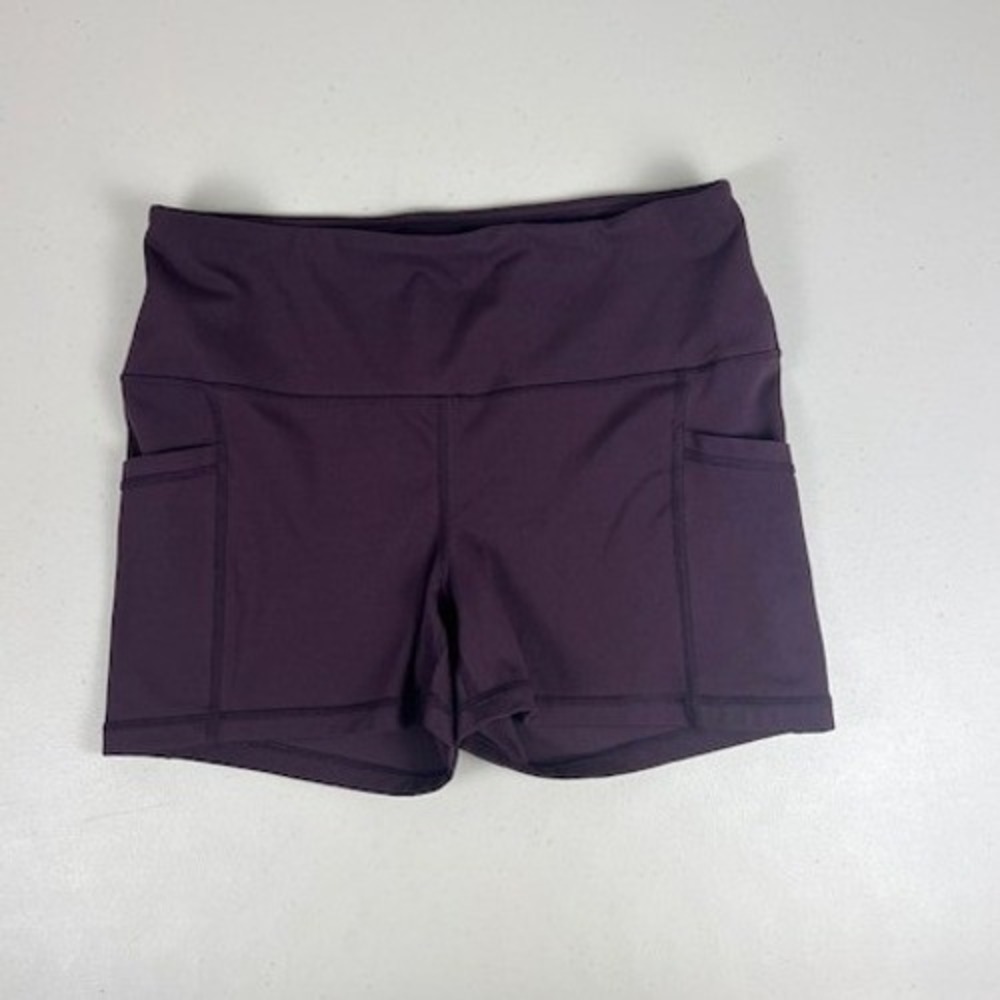 Yogalicious Lux Womens High Waisted Biker Shorts Purple Side Stash Pocket Size L